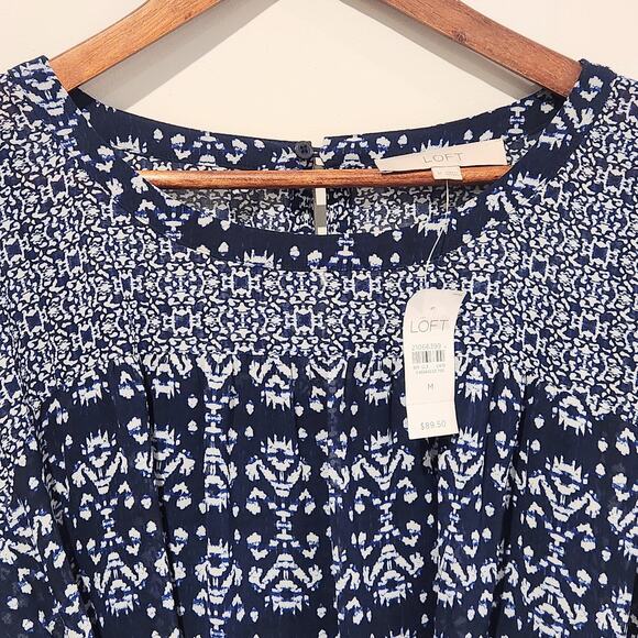 LOFT Womens Navy Blue White Aztec Print Belted Midi Dress Size Medium NEW Summer - Picture 4 of 12
